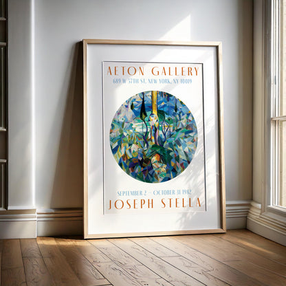 Period-style exhibition poster featuring Joseph Stella 'Coney Island' (1914) in a circular format