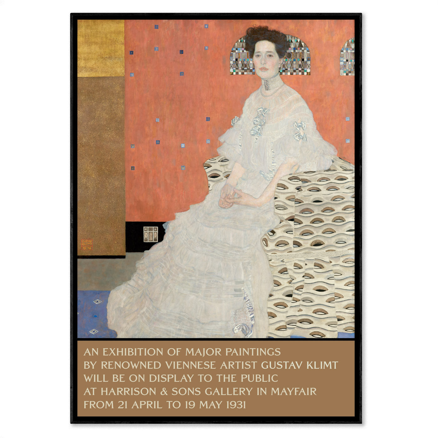 Poster featuring Gustav Klimt’s Portrait of Fritza Riedler (1906) in an Art Nouveau style