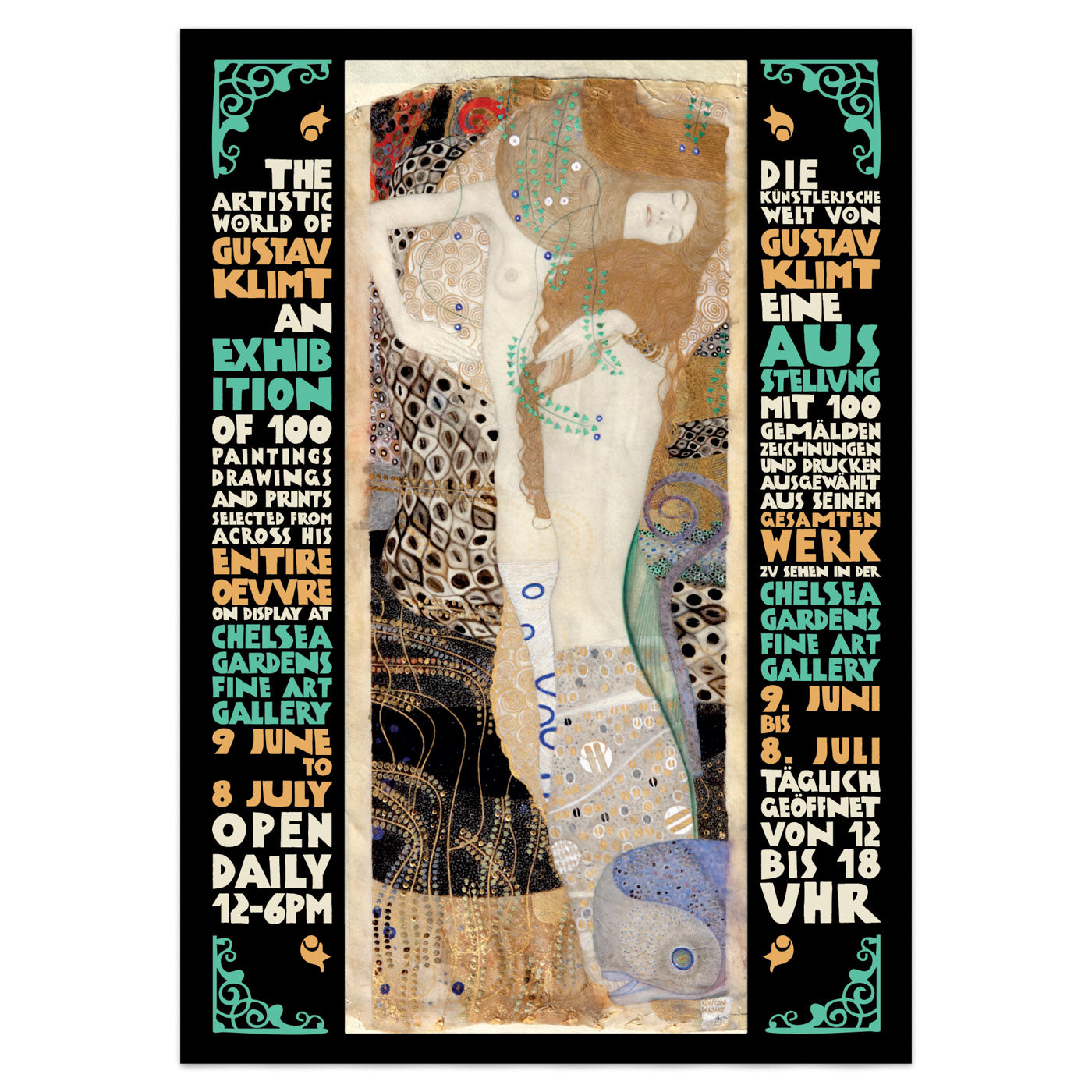 Vintage-style poster with Klimt’s intricate and symbolic painting Water Serpents I