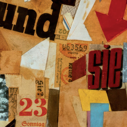 Merz abstract collage art with brown and red paper fragments