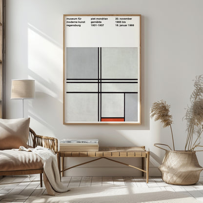 Minimalist art print showcasing Mondrian’s precise black lines and subtle red accent from 1935