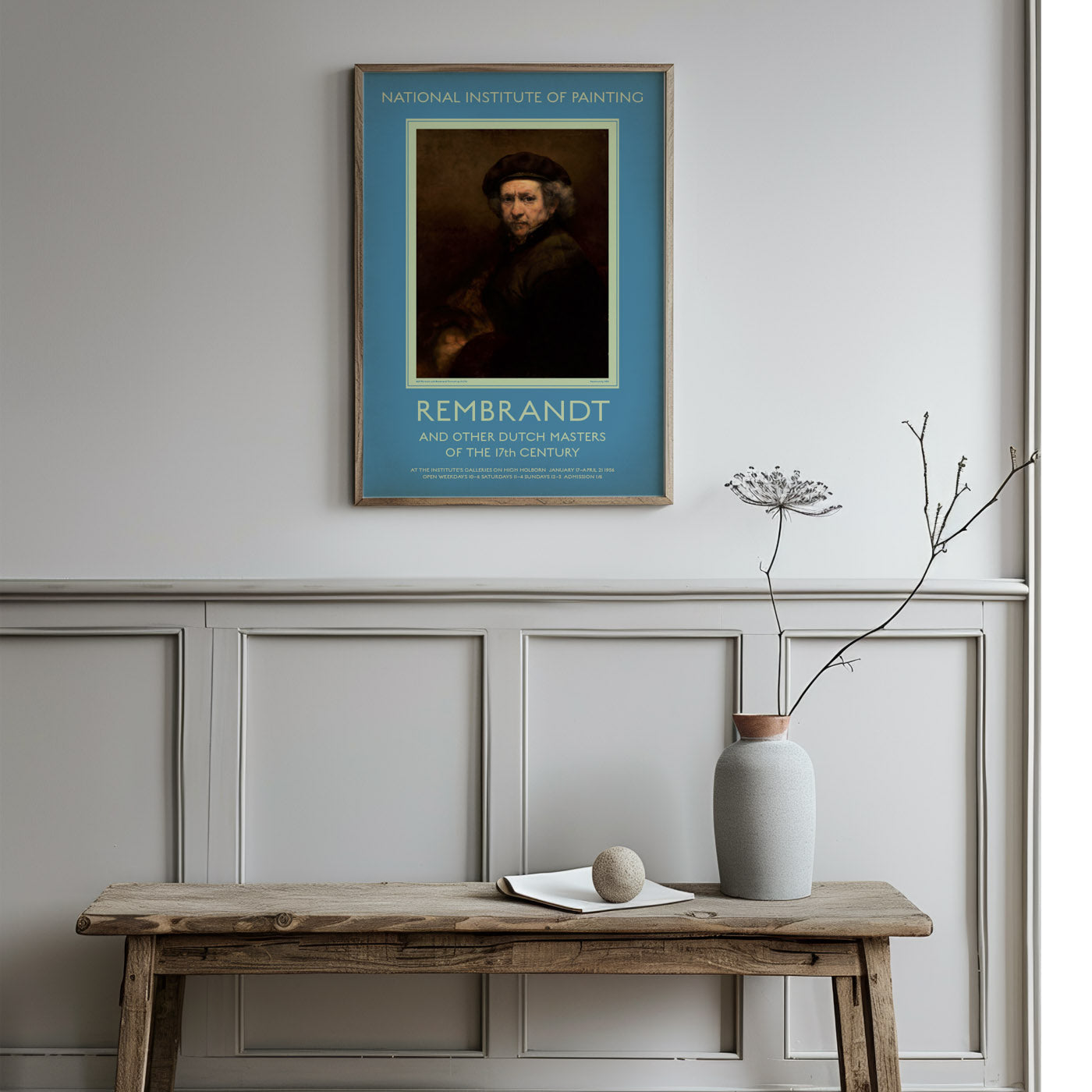 Collectable Rembrandt poster in a restrained 1950s British design, for educational art decor.