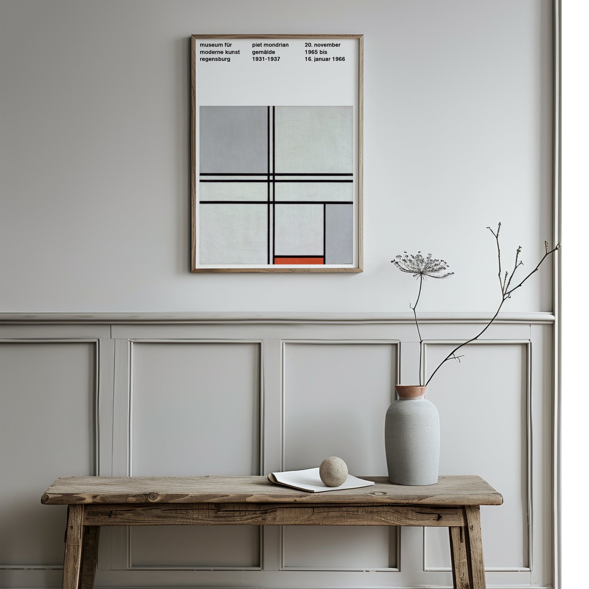 Modern art poster with Piet Mondrian’s 1935 composition in grey, white, and red geometric forms