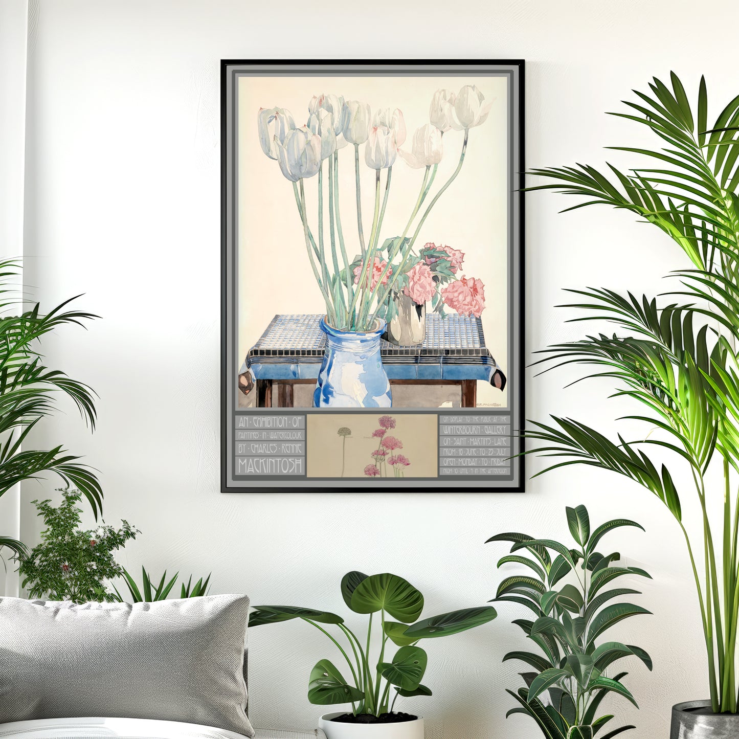 Framed artwork of flowers on a wall with plants around