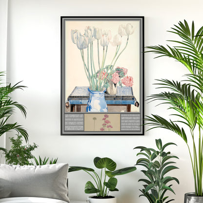 Framed artwork of flowers on a wall with plants around