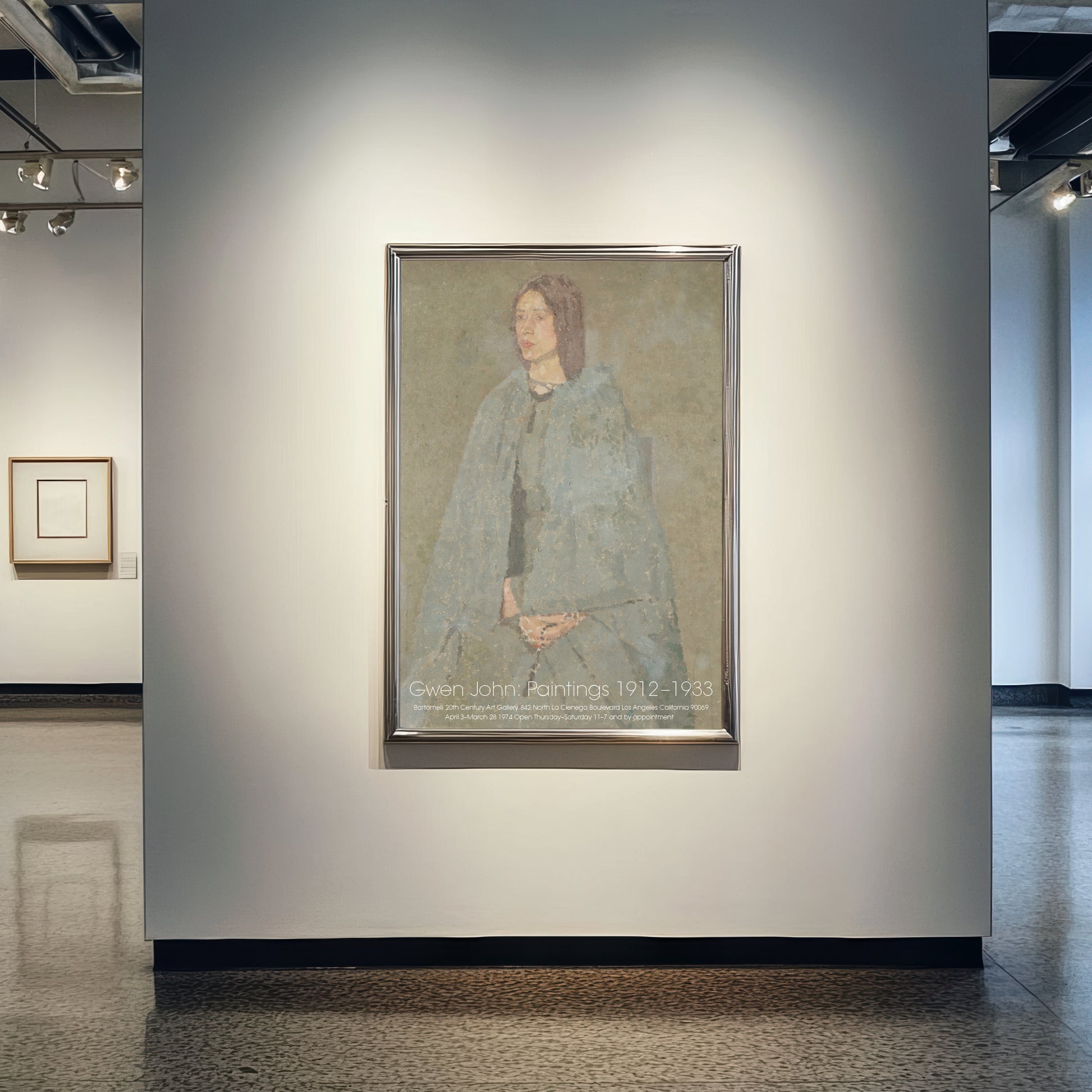 Exhibition poster featuring Gwen John 'Portrait of a Girl in Grey', muted grey-blue portrait