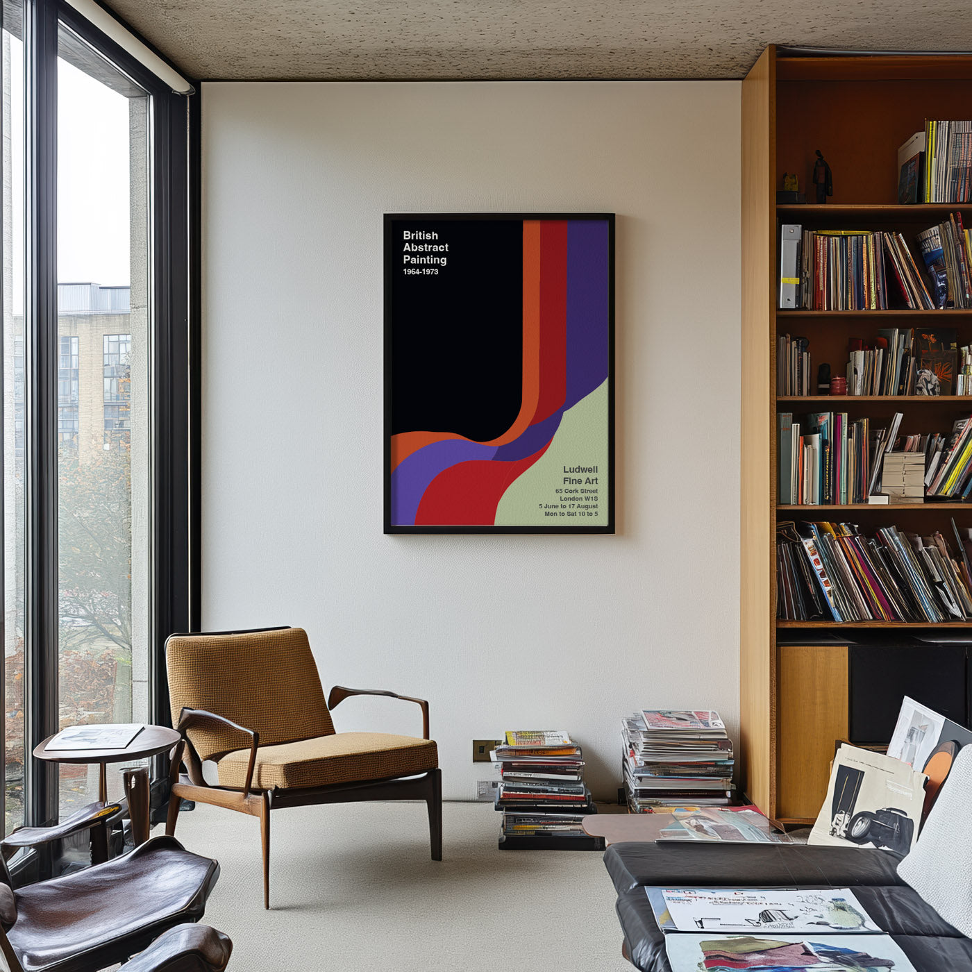 Graphic exhibition poster featuring vibrant hard-edged abstraction and mid-century typography