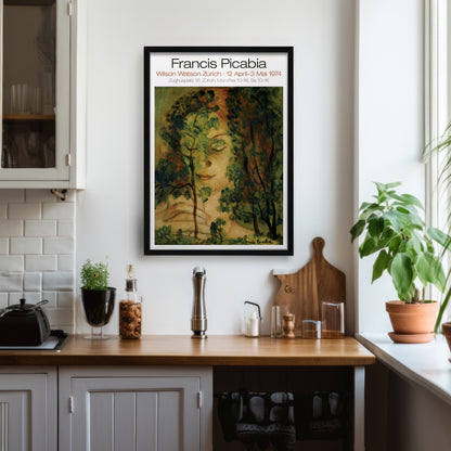 Framed artwork of a face with trees in a modern kitchen setting