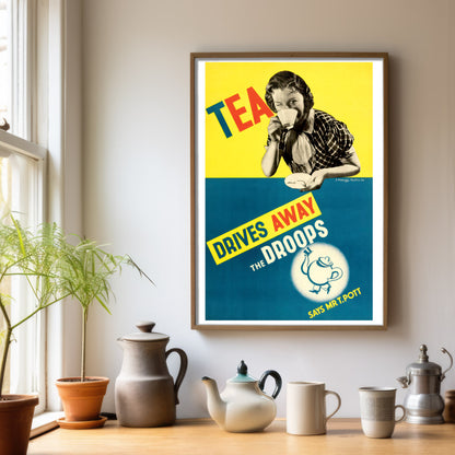 1936 tea advertisement poster with vibrant yellow and blue design promoting tea as an energy booster