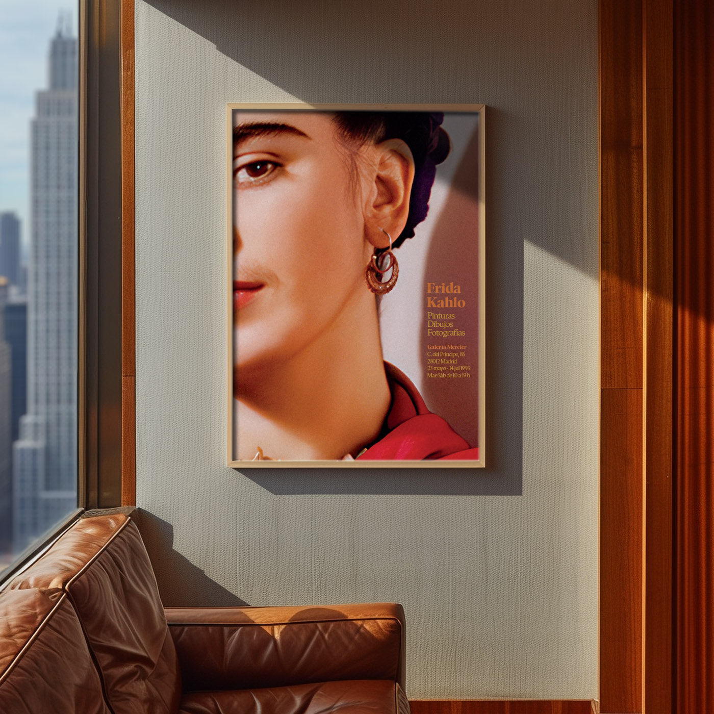 Frida Kahlo exhibition poster featuring a close-up of her face from a famous photograph by Nickolas Muray, with red and purple accents and gold typography advertising an imagined 1993 retrospective at Galería Mercier in Madrid.