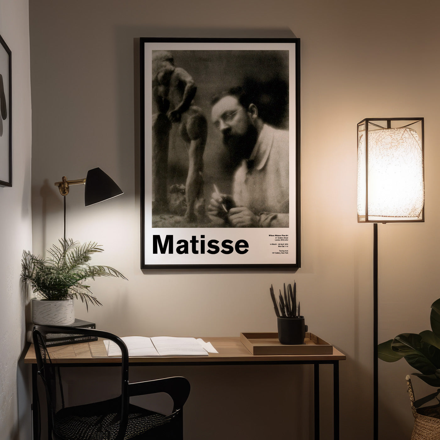 Stylised study or home office setting featuring Henri Matisse and La Serpentine 1979 Imaginary Exhibition Poster as wall decor