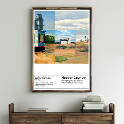 Framed artwork titled 'Hopper Country' on a wall above a wooden console table.