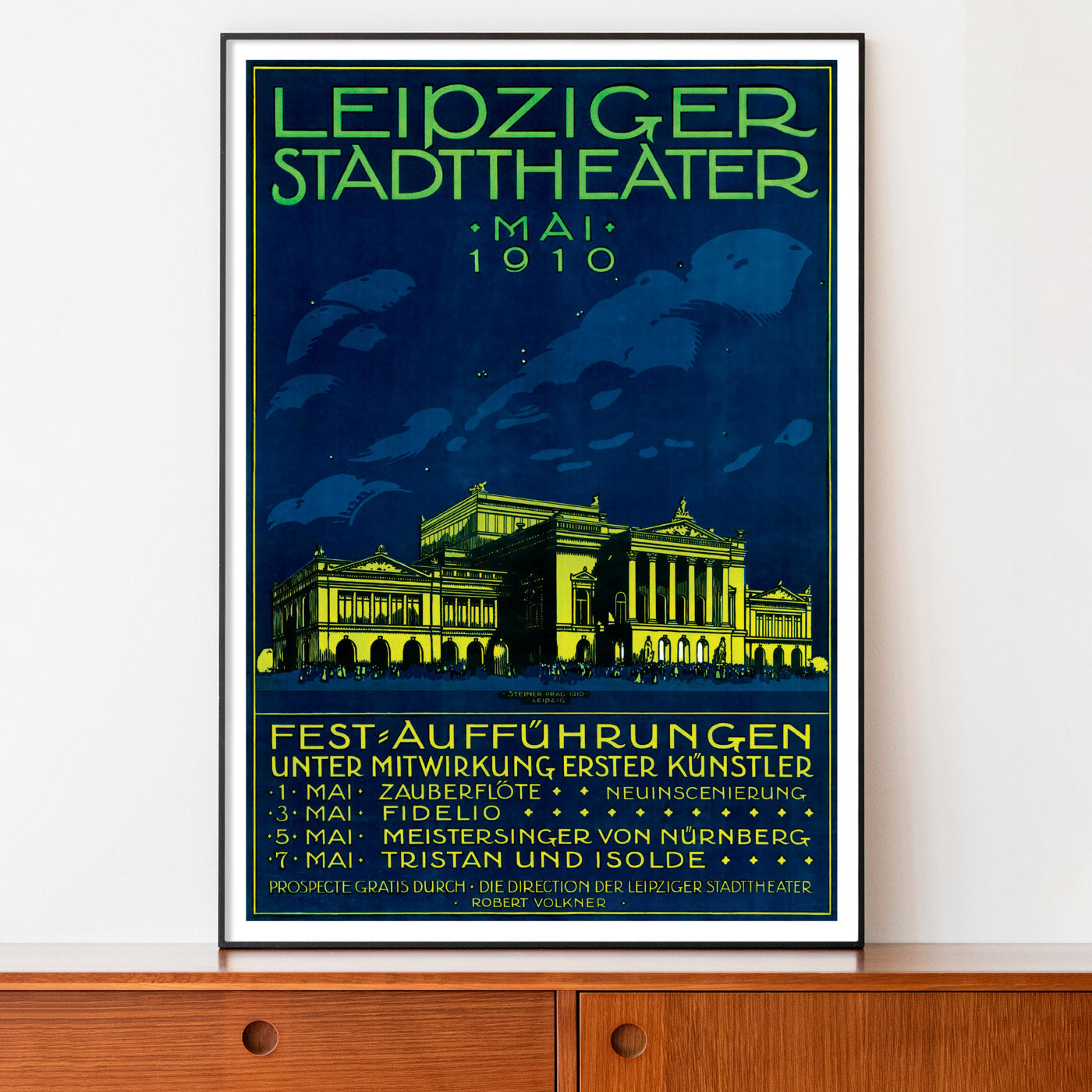 Elegant vintage poster showcasing the Leipzig Stadttheater and its 1910 opera festival