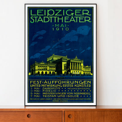 Elegant vintage poster showcasing the Leipzig Stadttheater and its 1910 opera festival