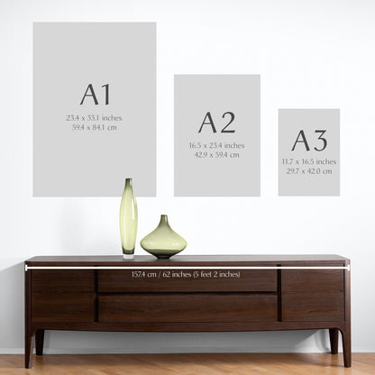 Size comparison chart for Henri Matisse and La Serpentine 1979 Imaginary Exhibition Poster available in A3, A2, and A1.