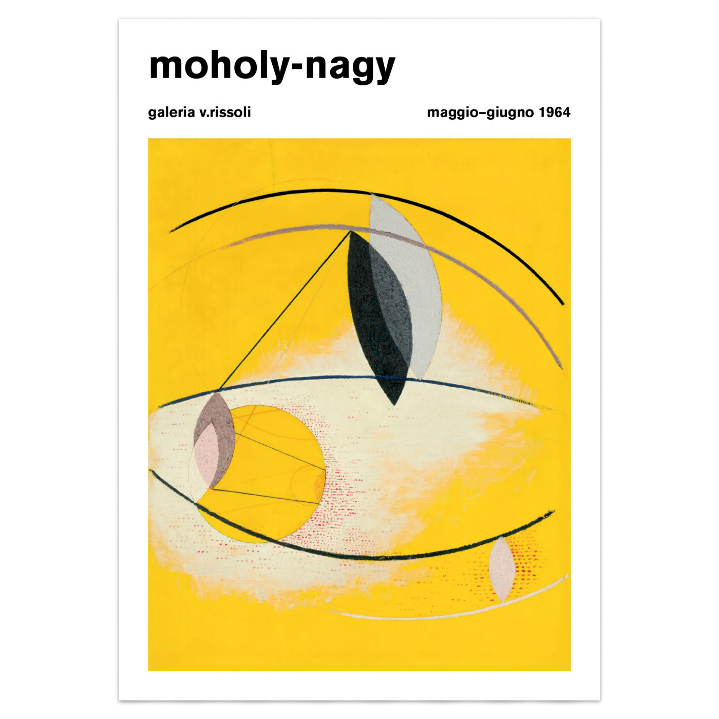 Bauhaus-inspired art exhibition poster of Laszlo Moholy-Nagy from 1964, in vibrant yellow.