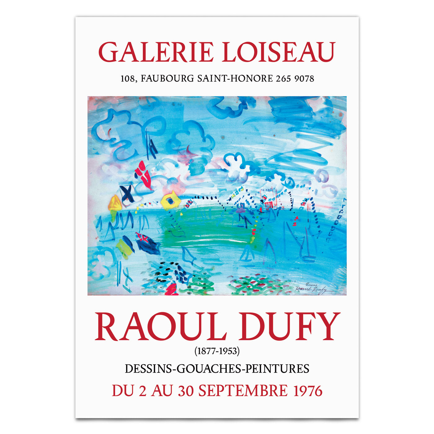 Elegant Raoul Dufy sailing art exhibition poster from Galerie Loiseau, 1976