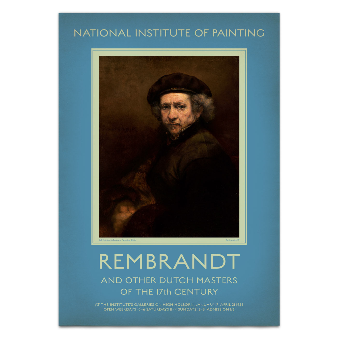 Retro Rembrandt art exhibition poster, simulating mid-century British museum quality.