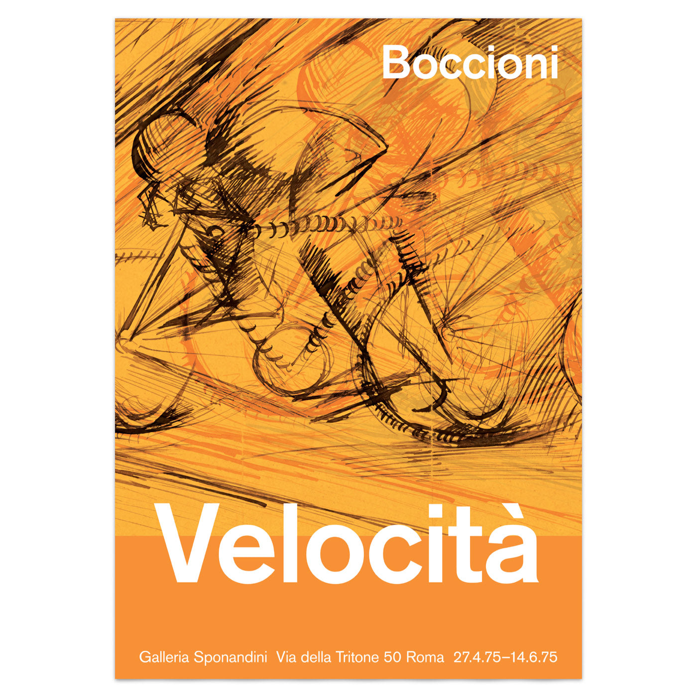 Minimalist orange and black poster with Boccioni’s Dynamism of a Cyclist and modern typography