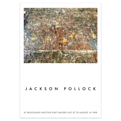 Jackson Pollock exhibition poster with photograph of the artist's studio floor, evoking Abstract Expressionism