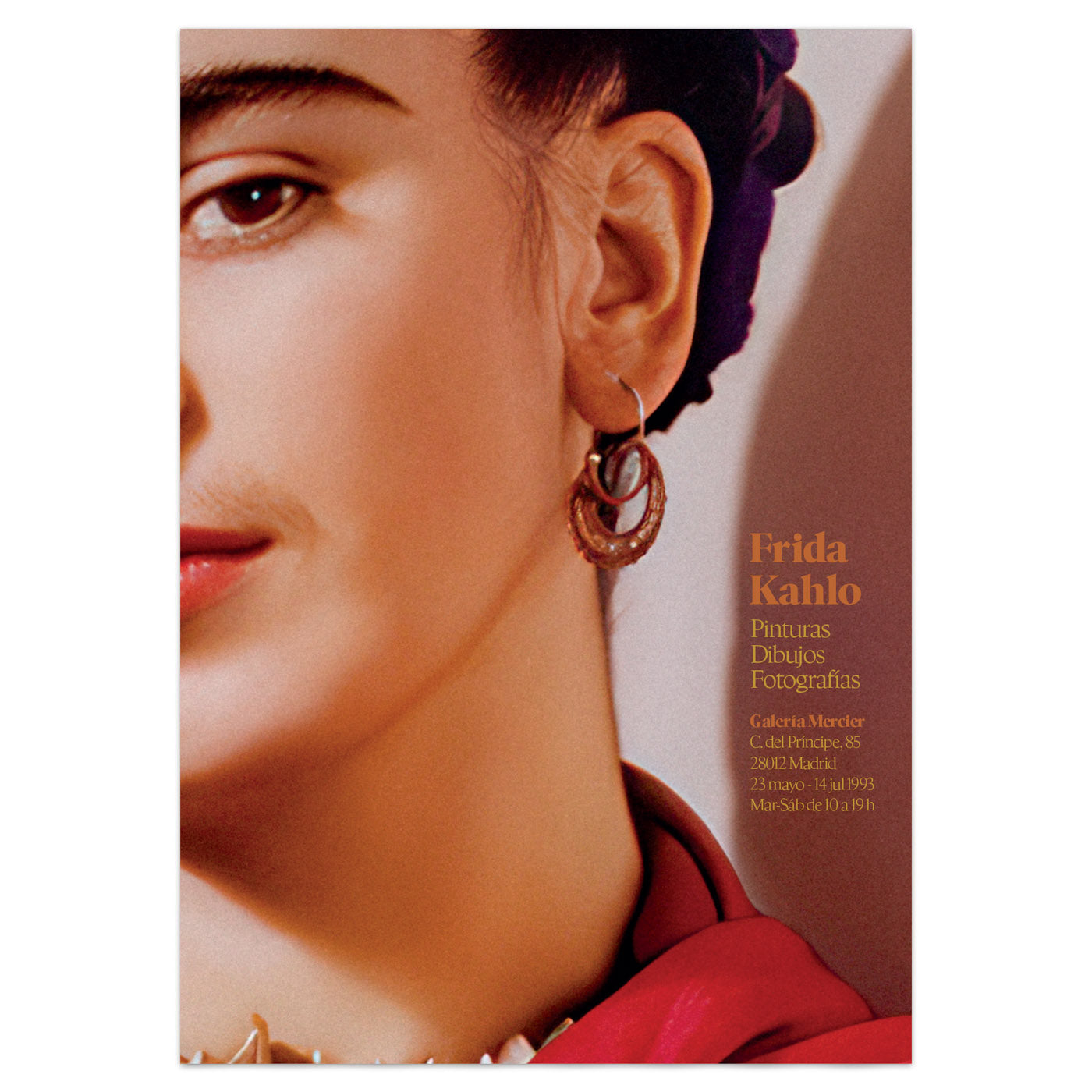 Frida Kahlo exhibition poster featuring a close-up of her face from a famous photograph by Nickolas Muray, with red and purple accents and gold typography advertising an imagined 1993 retrospective at Galería Mercier in Madrid.