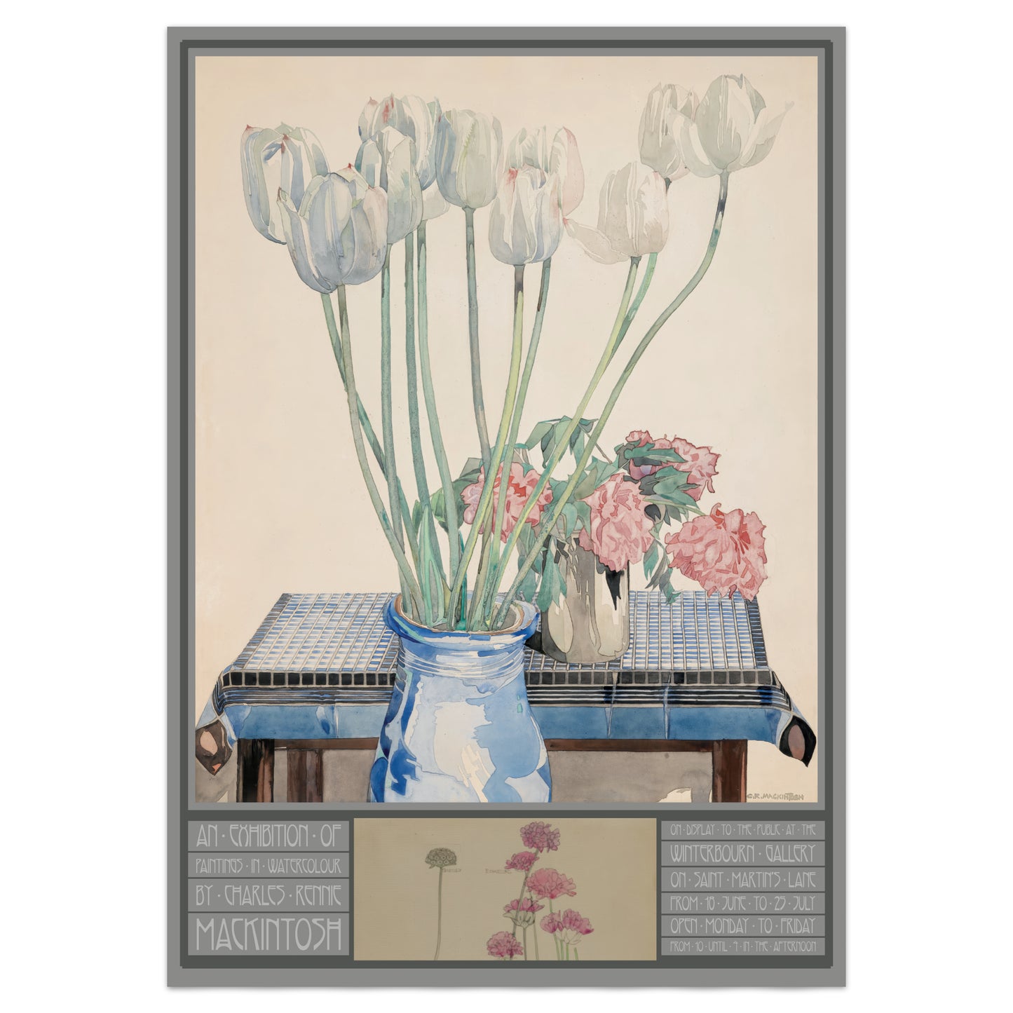 Framed artwork of flowers on a table with decorative elements