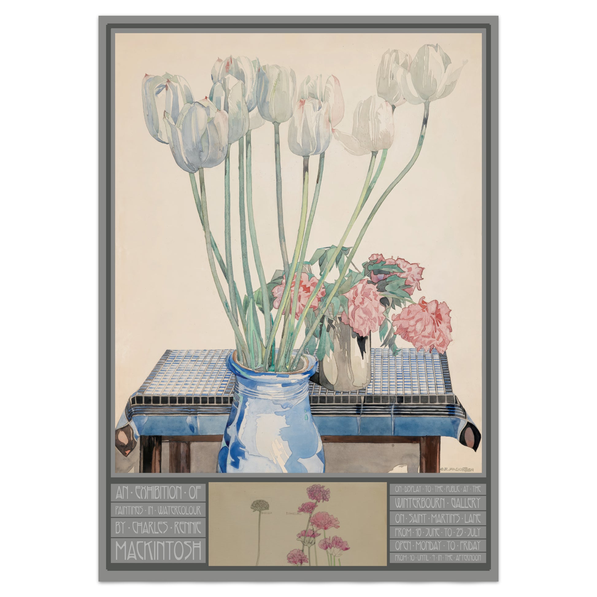 Framed artwork of flowers on a table with decorative elements