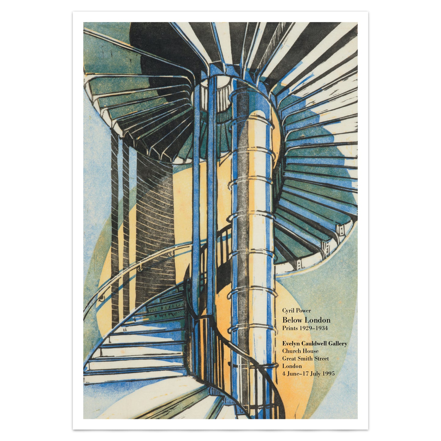 Graphic spiral staircase scene from 1929 linocut by Cyril Power, vertical poster