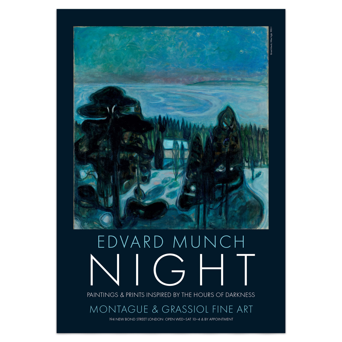 Modern exhibition-style poster featuring Munch’s White Night painting in a deep blue palette