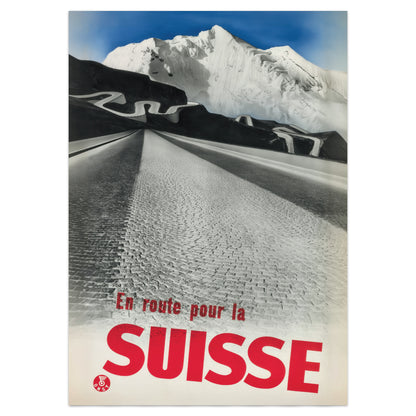 Herbert Matter travel poster adaptation – En route pour la Suisse (1935) with bold typography and photomontage.