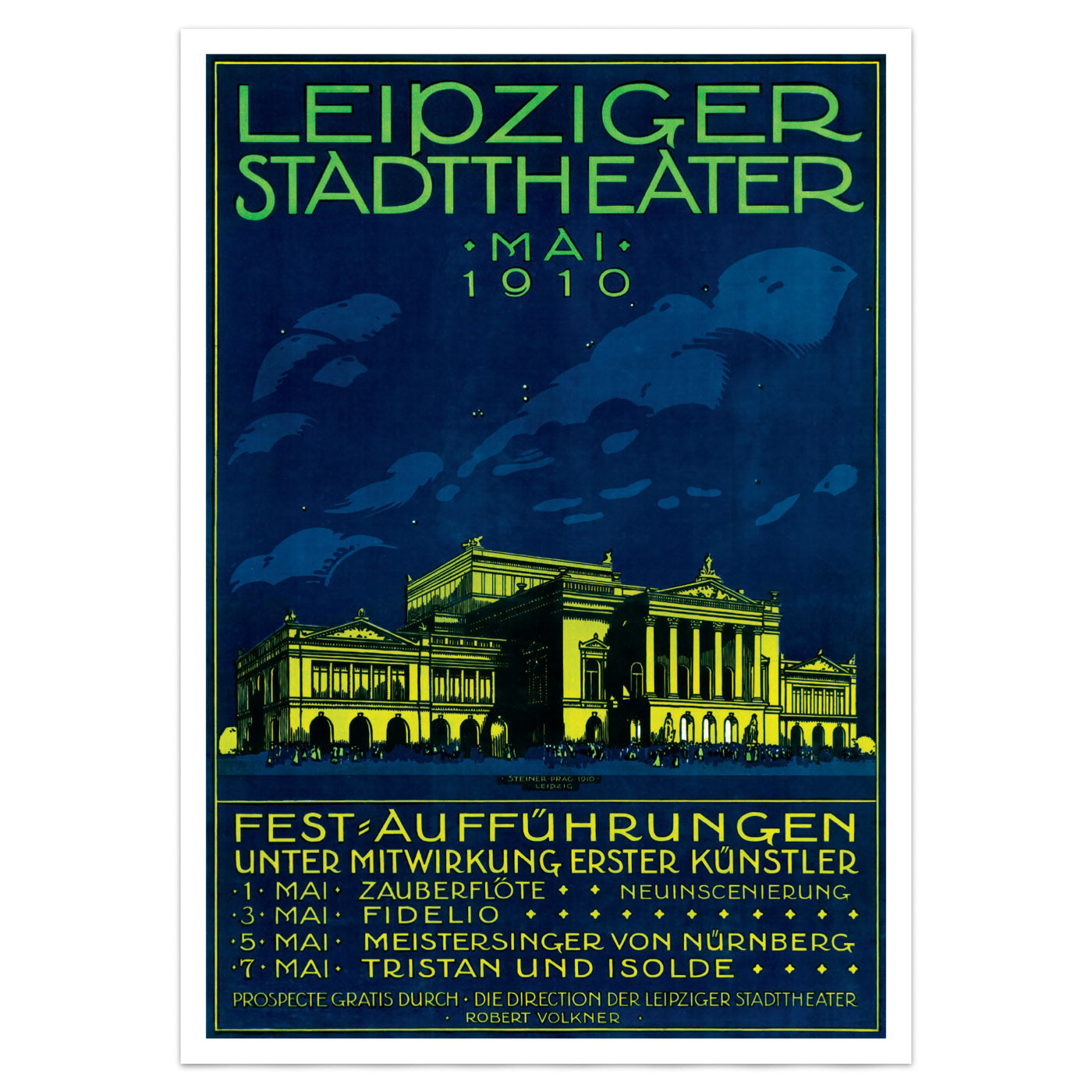 Art Nouveau poster with an illuminated Leipzig Stadttheater under a night sky