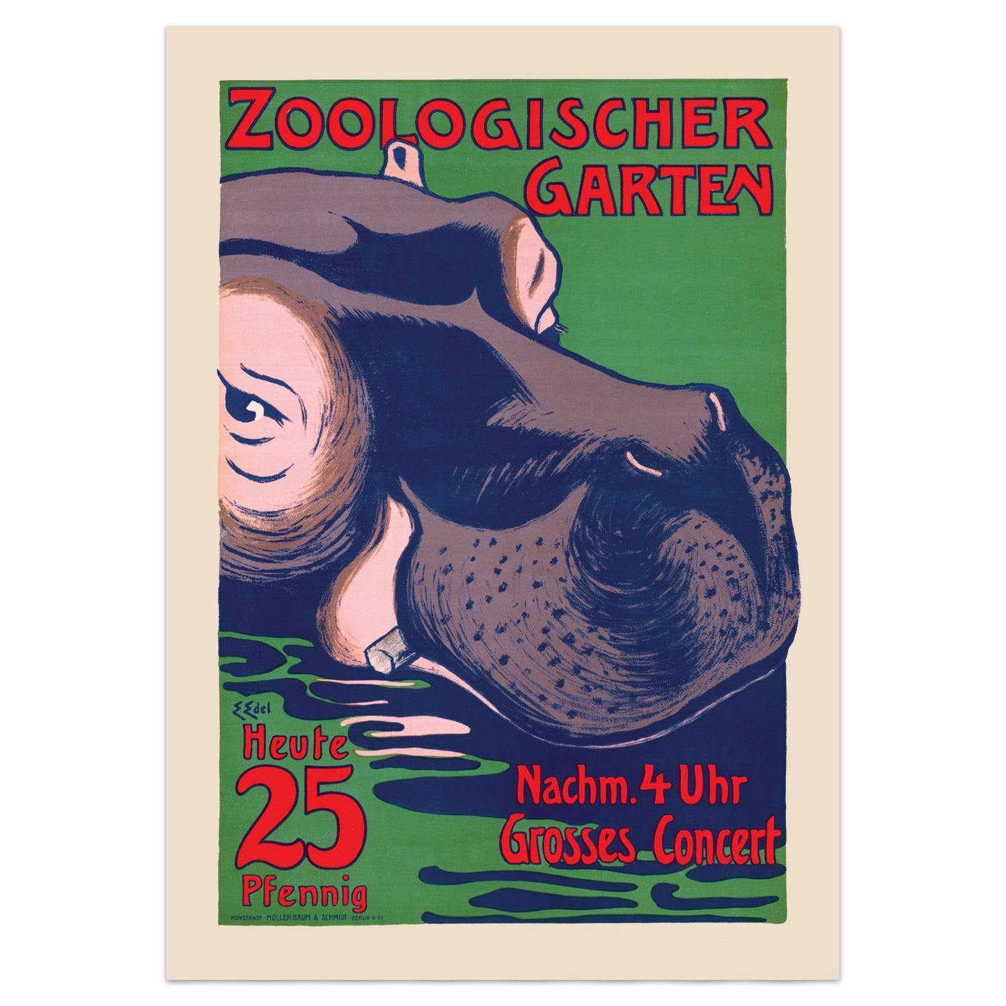 Edmund Edel Zoological Garden Poster: Adapted Vintage-Inspired Hippo Art Print