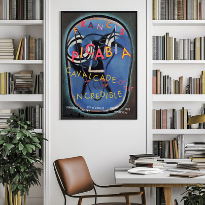 Francis Picabia ‘Head’ – Cavalcade of the Incredible 1978 NYC poster framed between bookshelves