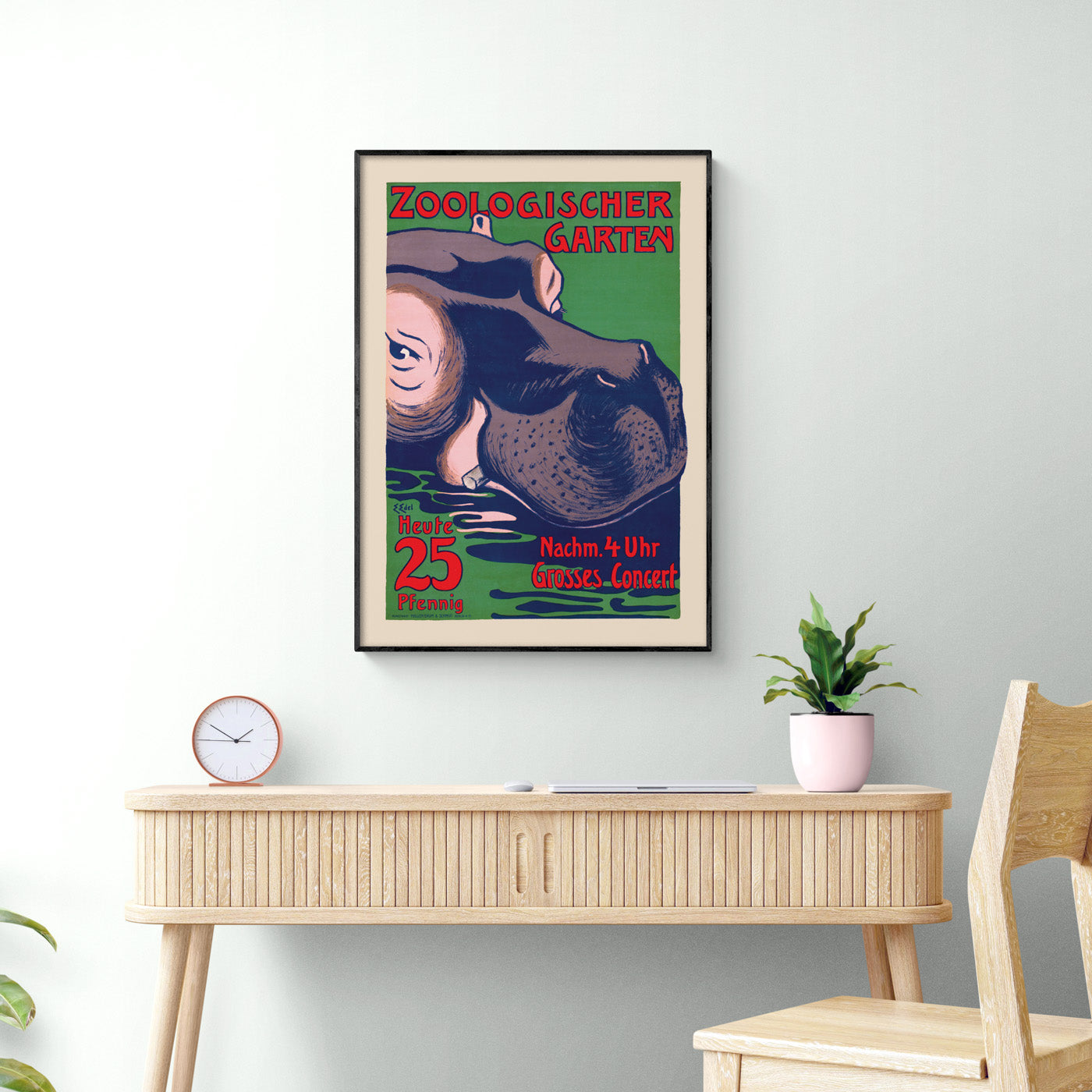 Vibrant colours of the Zoological Garden poster showcasing detailed hippo artwork
