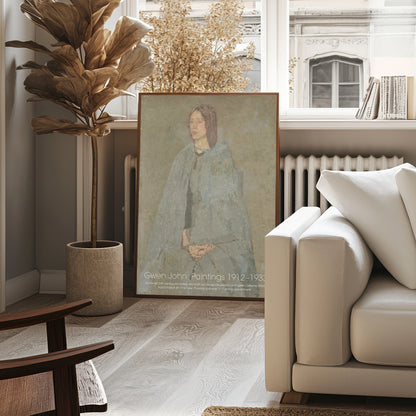 Exhibition poster featuring Gwen John 'Portrait of a Girl in Grey', muted grey-blue portrait